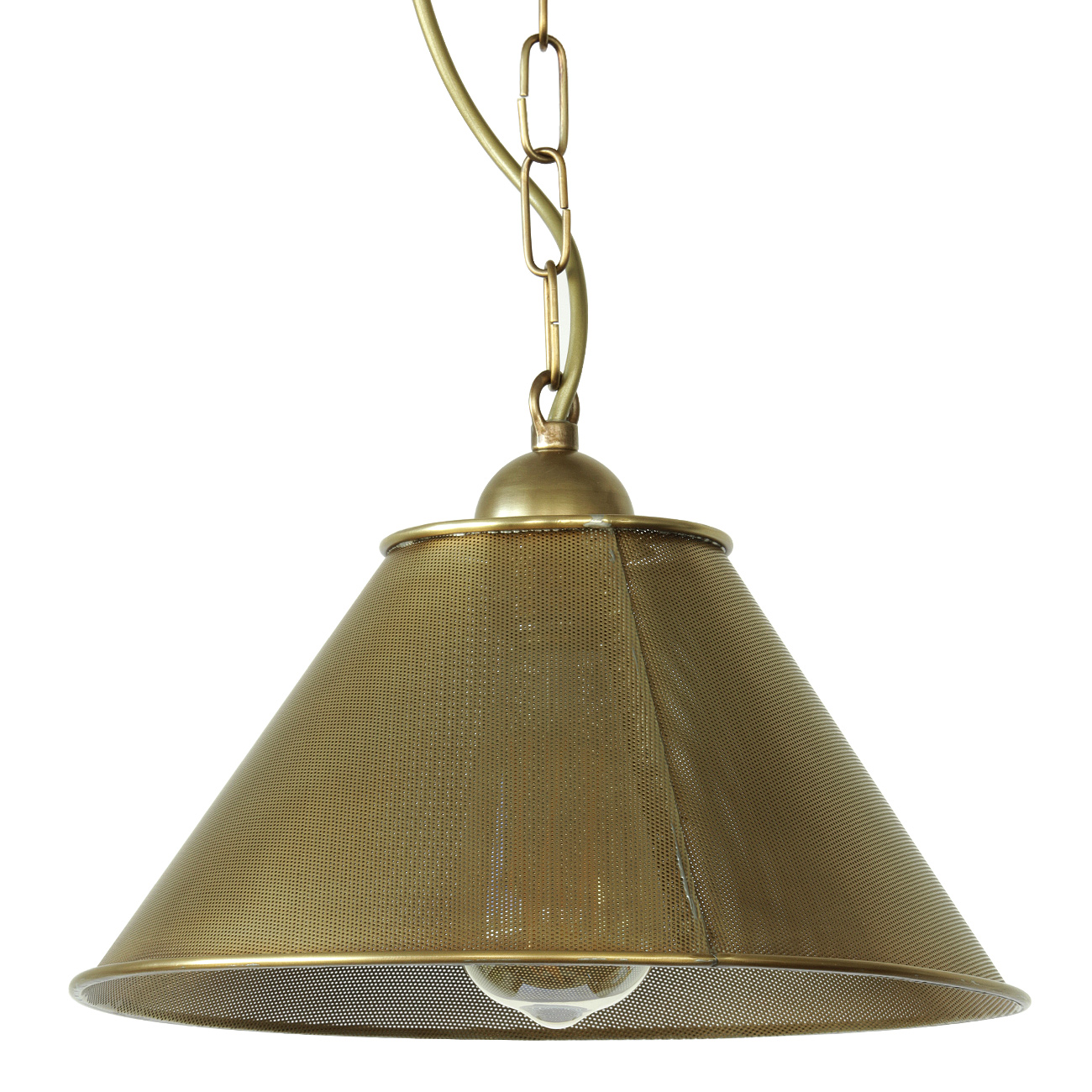 Esstischleuchte mit Lochblech-Schirm aus Messing LA CONIQUE: Lochblech-Pendelleuchte (Mittleres Modell mit Ø 28 cm, Patiniertes Messing mit Firnis)